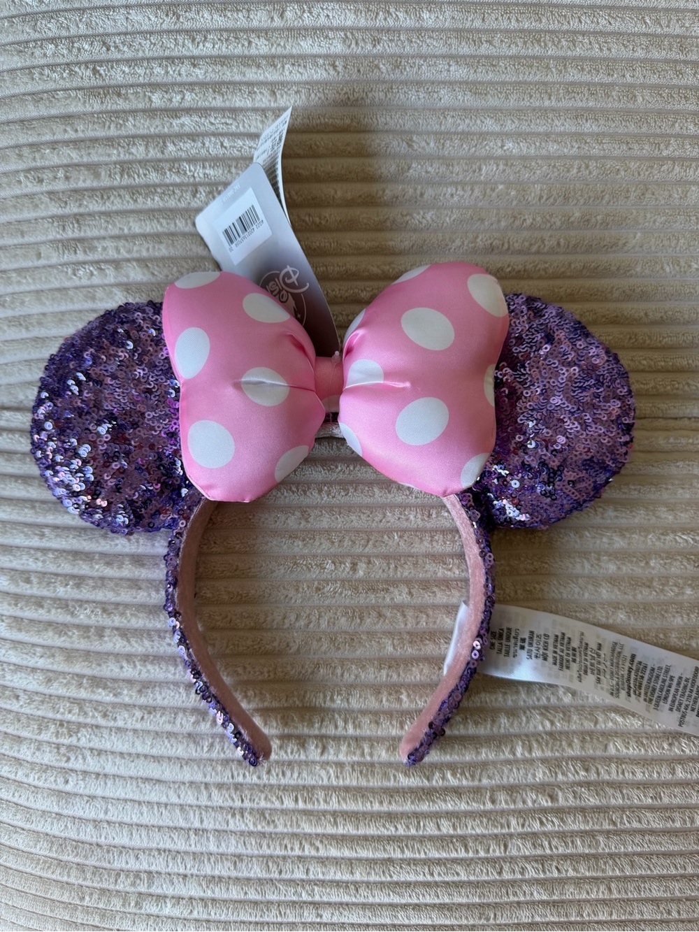 Disney Parks Pink Polka Dot Lavendar Bow Sequin Minnie Ear Headband